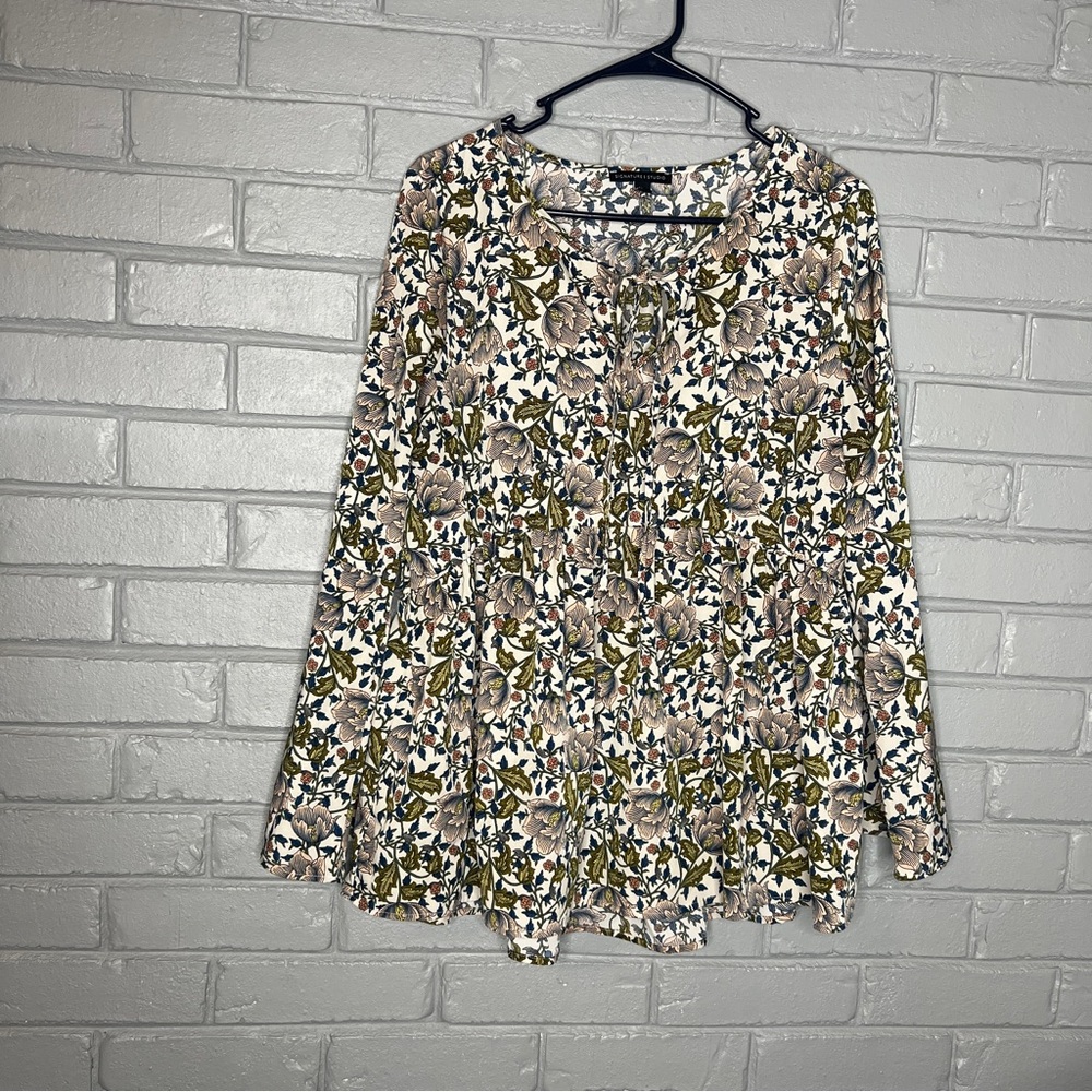 Floral Print Long-Sleeve Peasant Top - Cream/Olive - Picture 6 of 15
